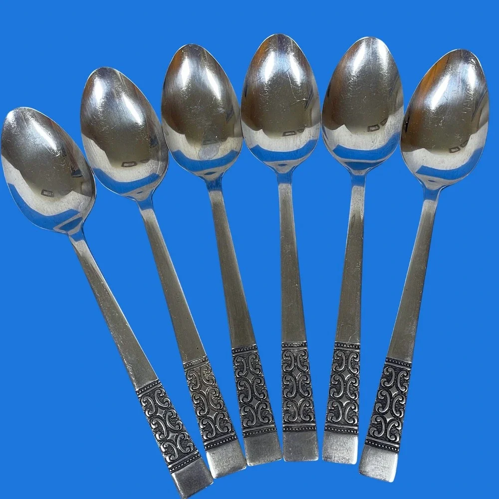 Vintage Stanley Rogers Stainless Soup Spoon 6 Silver Scroll Pattern Handle Japan